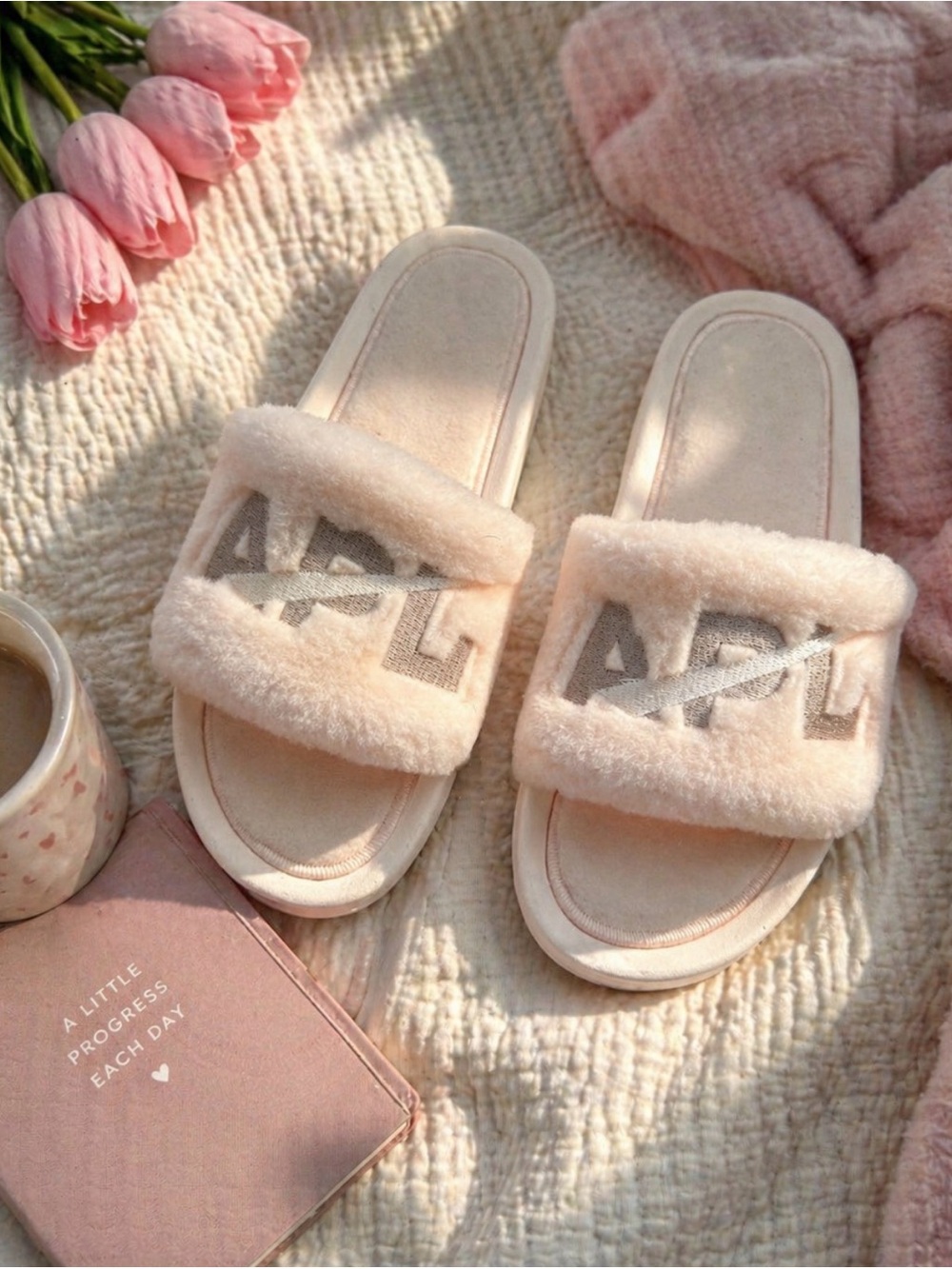 Athletic Propulsion Labs (APL) Women's Shearling Slides in pink